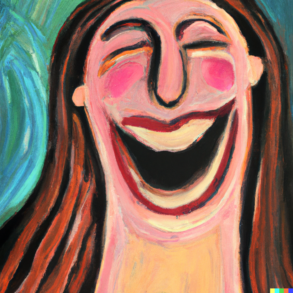 AI-generated image of a red-haired woman laughing outrageously, in the style of Edvard Munch.